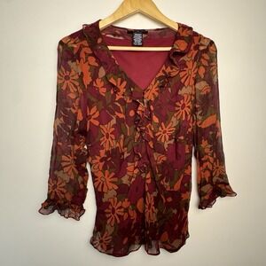 Vintage Y2K ECI New York Silk Top Womens XL (fits Like M) Red Sheer Ruffle Fairy